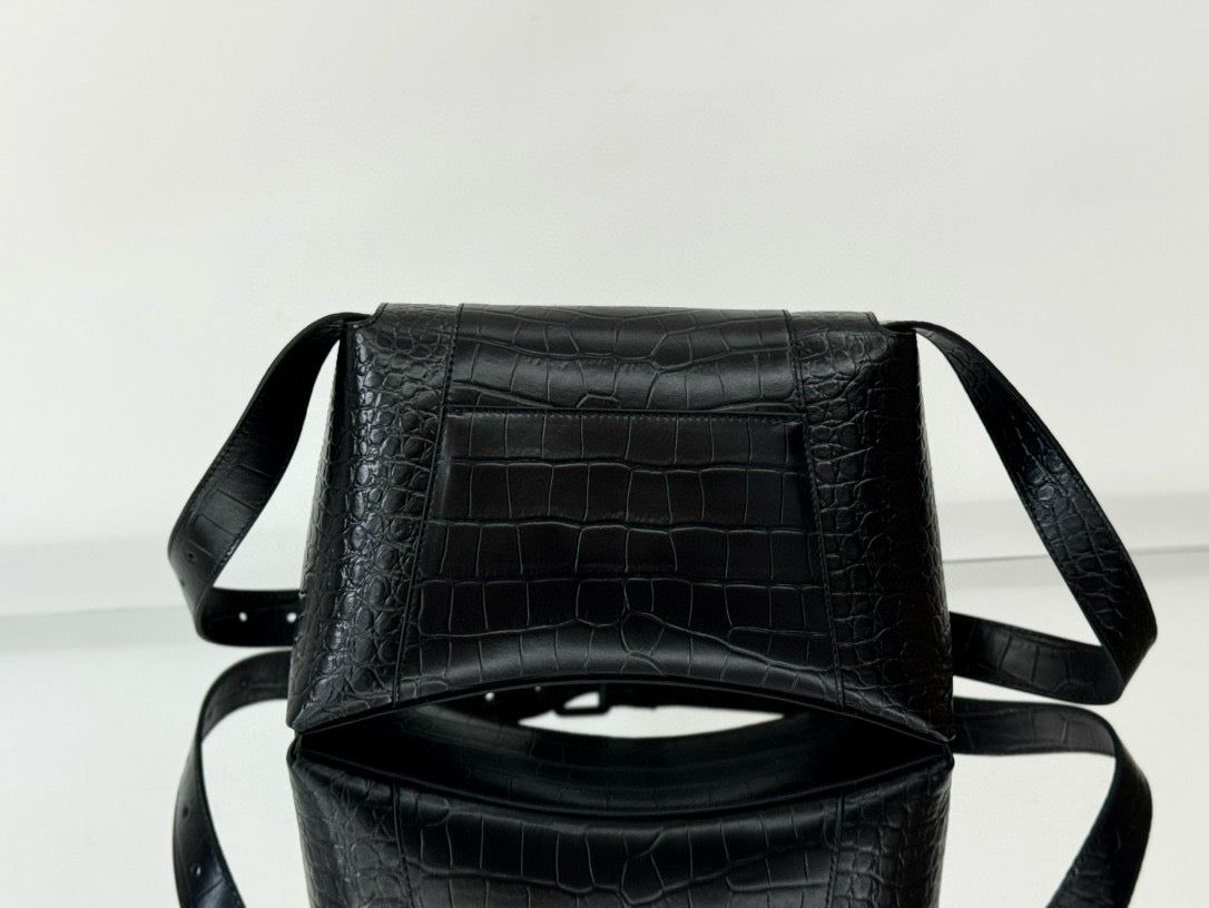 BLCG Hourglass Black Croc Embossed Leather Shoulder Bag(30x17.3x10cm)