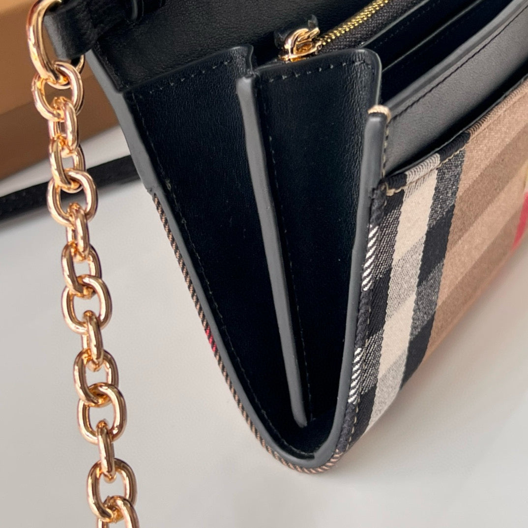 Burberry Henley Check Canvas & Black Leather Wallet-On-Chain Bag