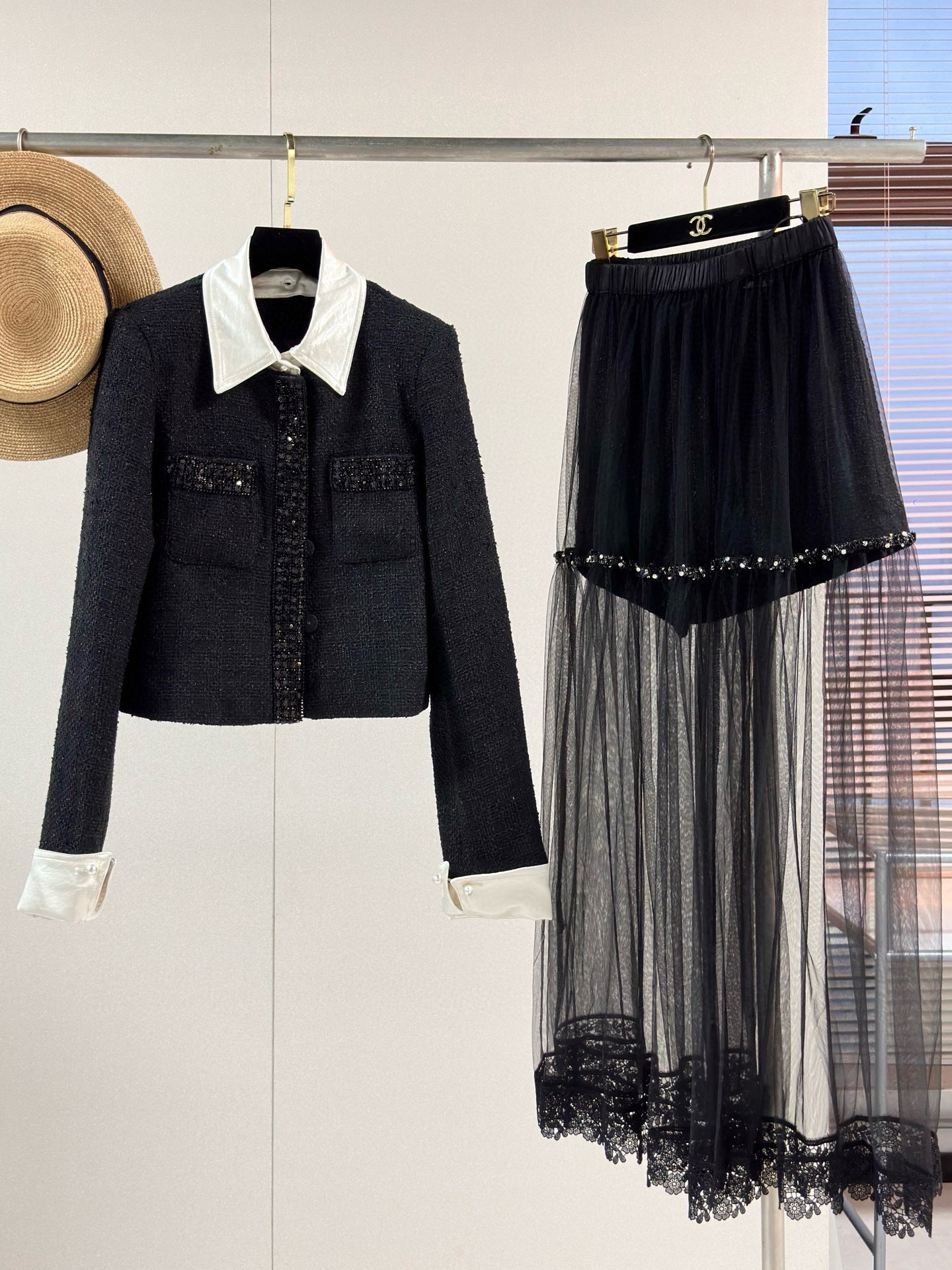 Chanel Jacket with Sheer Layered Skirt Set