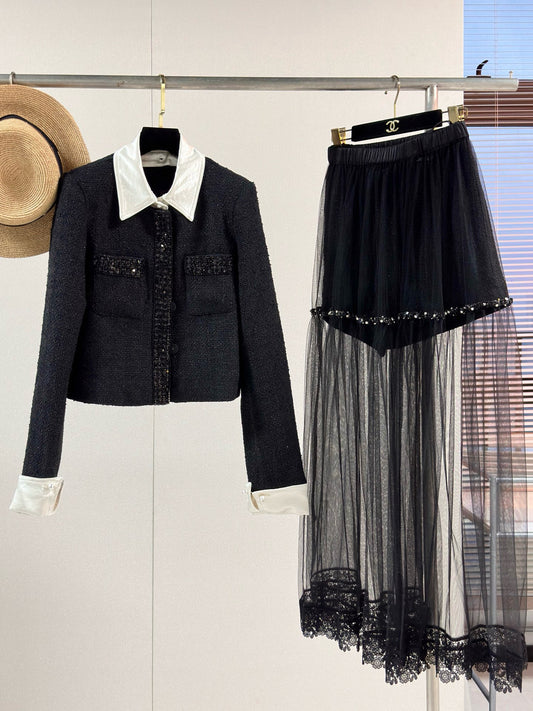 Chanel Jacket with Sheer Layered Skirt Set
