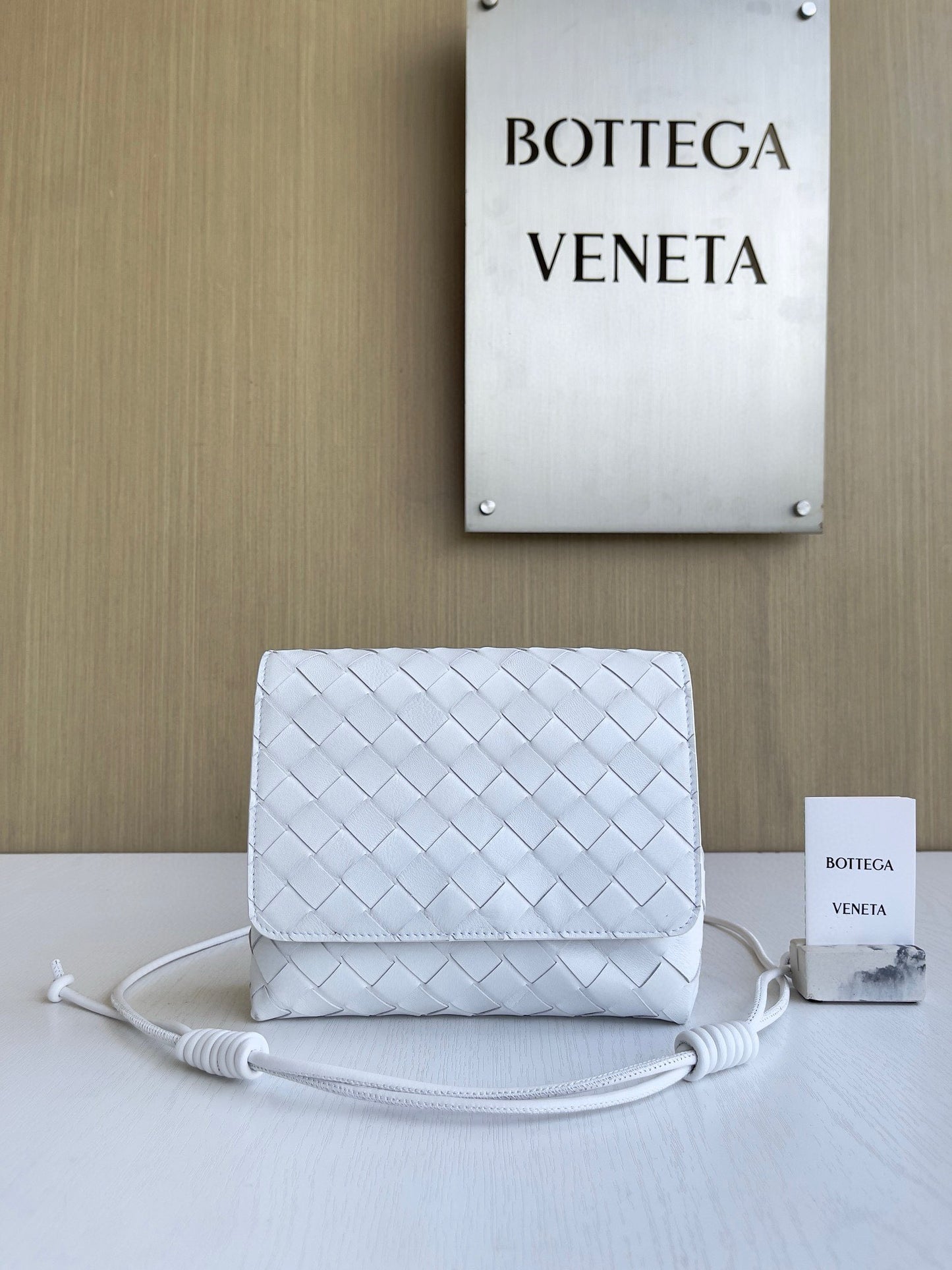 BV White Woven Leather Crossbody Bag
