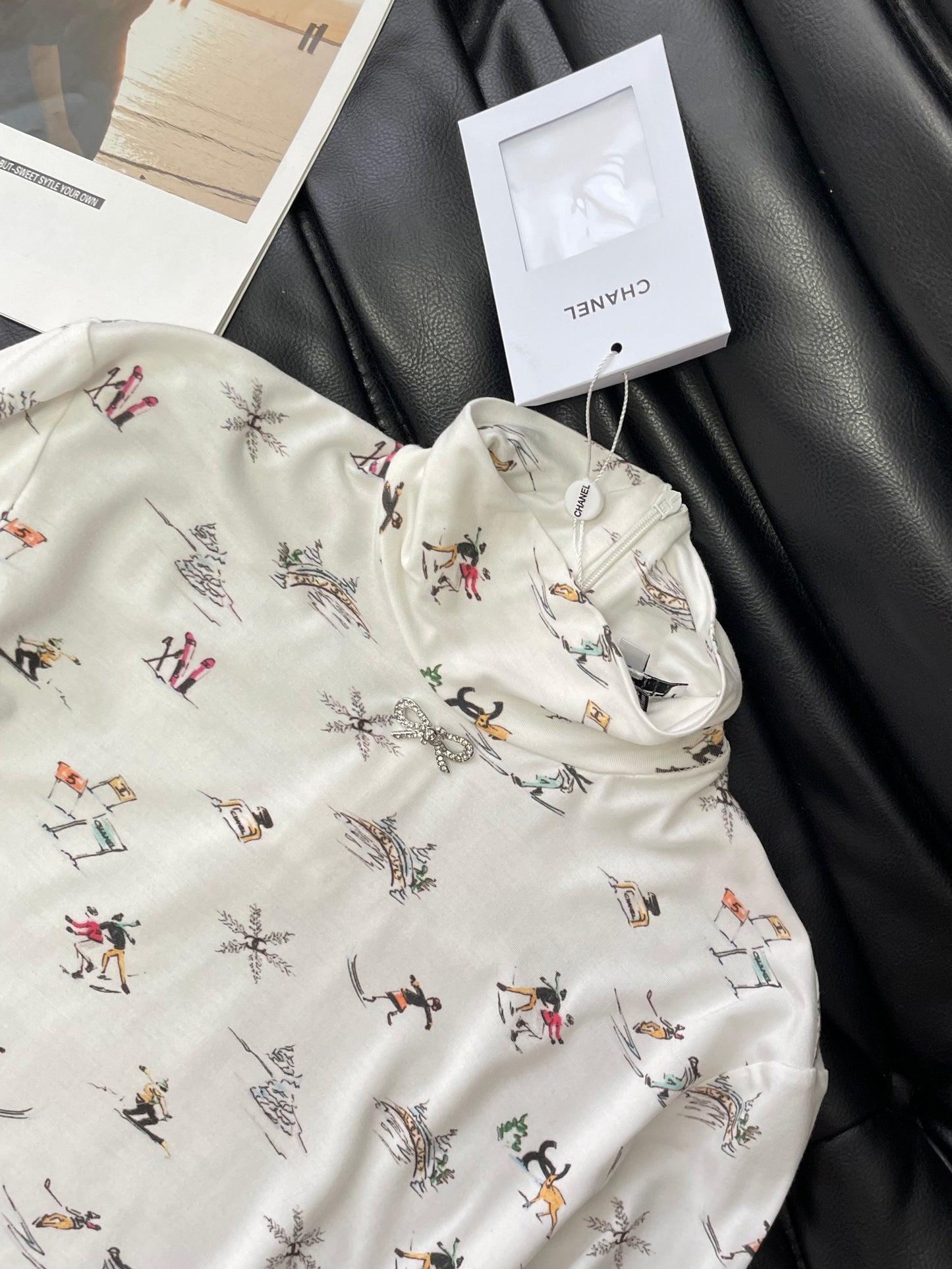 Chanel 25N Ski Print White Mock Neck Top