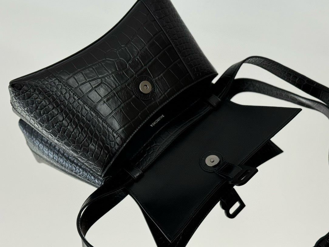 BLCG Hourglass Black Croc Embossed Leather Shoulder Bag(30x17.3x10cm)