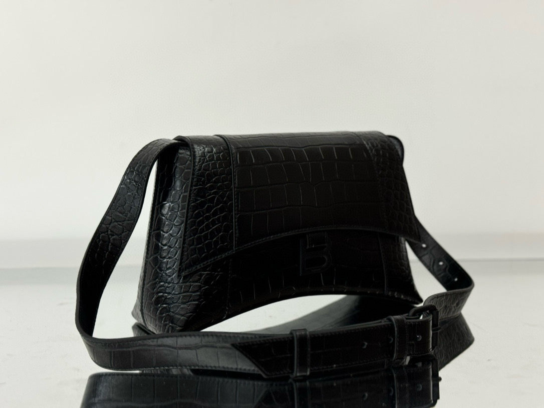 BLCG Hourglass Black Croc Embossed Leather Shoulder Bag(30x17.3x10cm)
