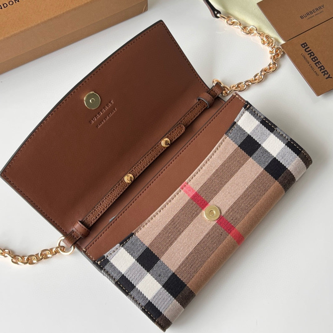 Burberry Henley Check Canvas & Brown Leather Wallet-On-Chain Bag