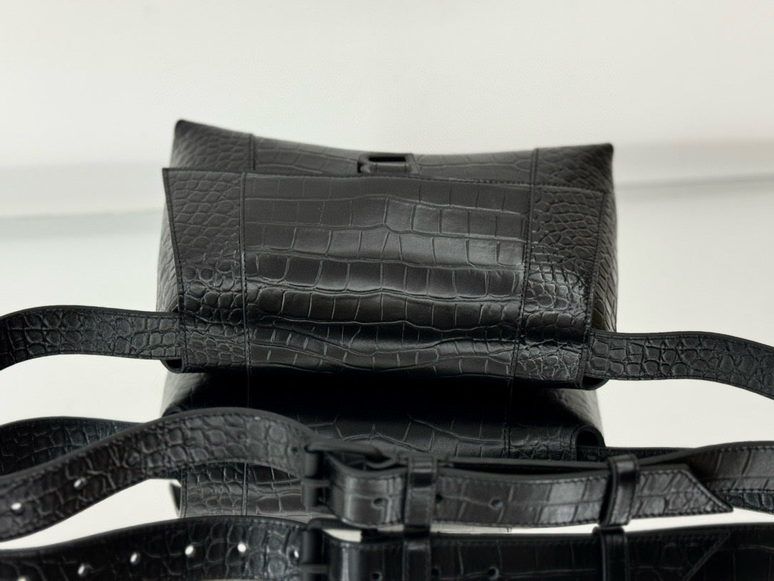 BLCG Hourglass Black Croc Embossed Leather Shoulder Bag(30x17.3x10cm)