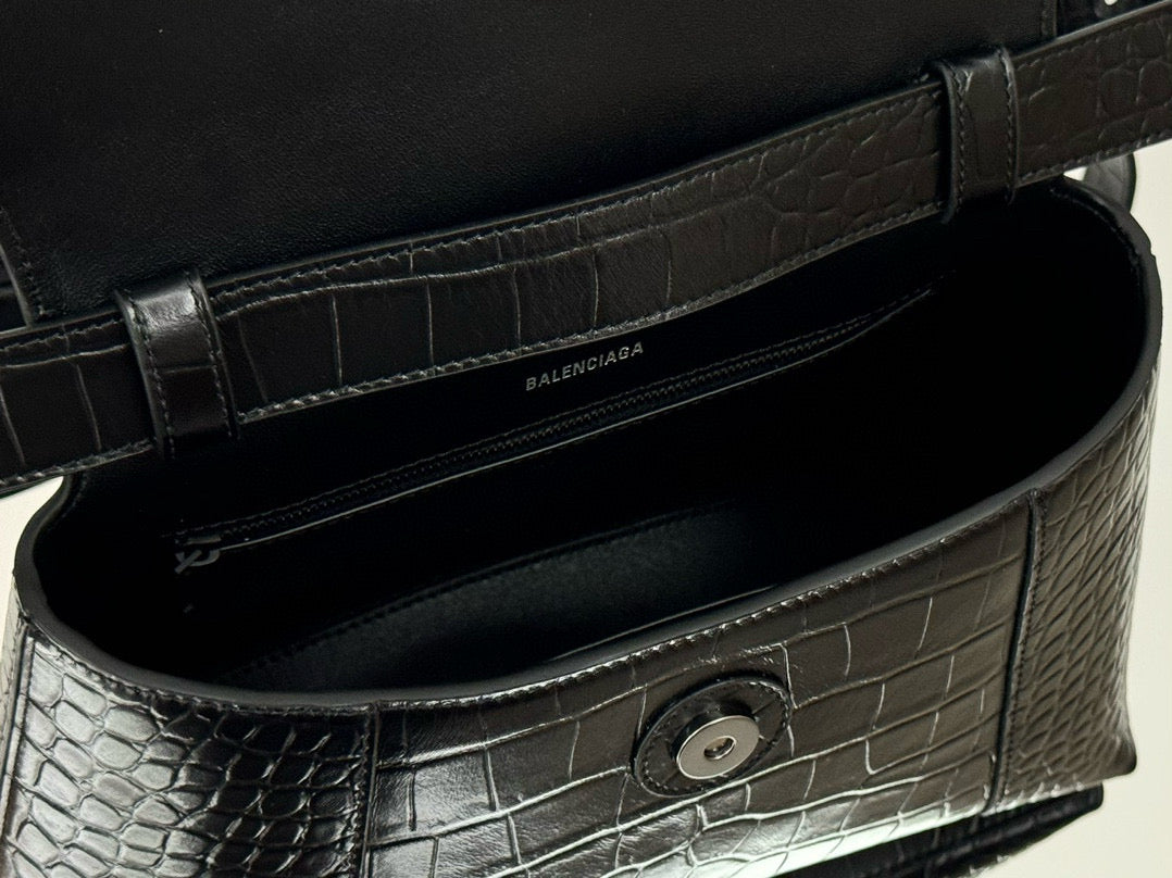 BLCG Hourglass Black Croc Embossed Leather Shoulder Bag(30x17.3x10cm)