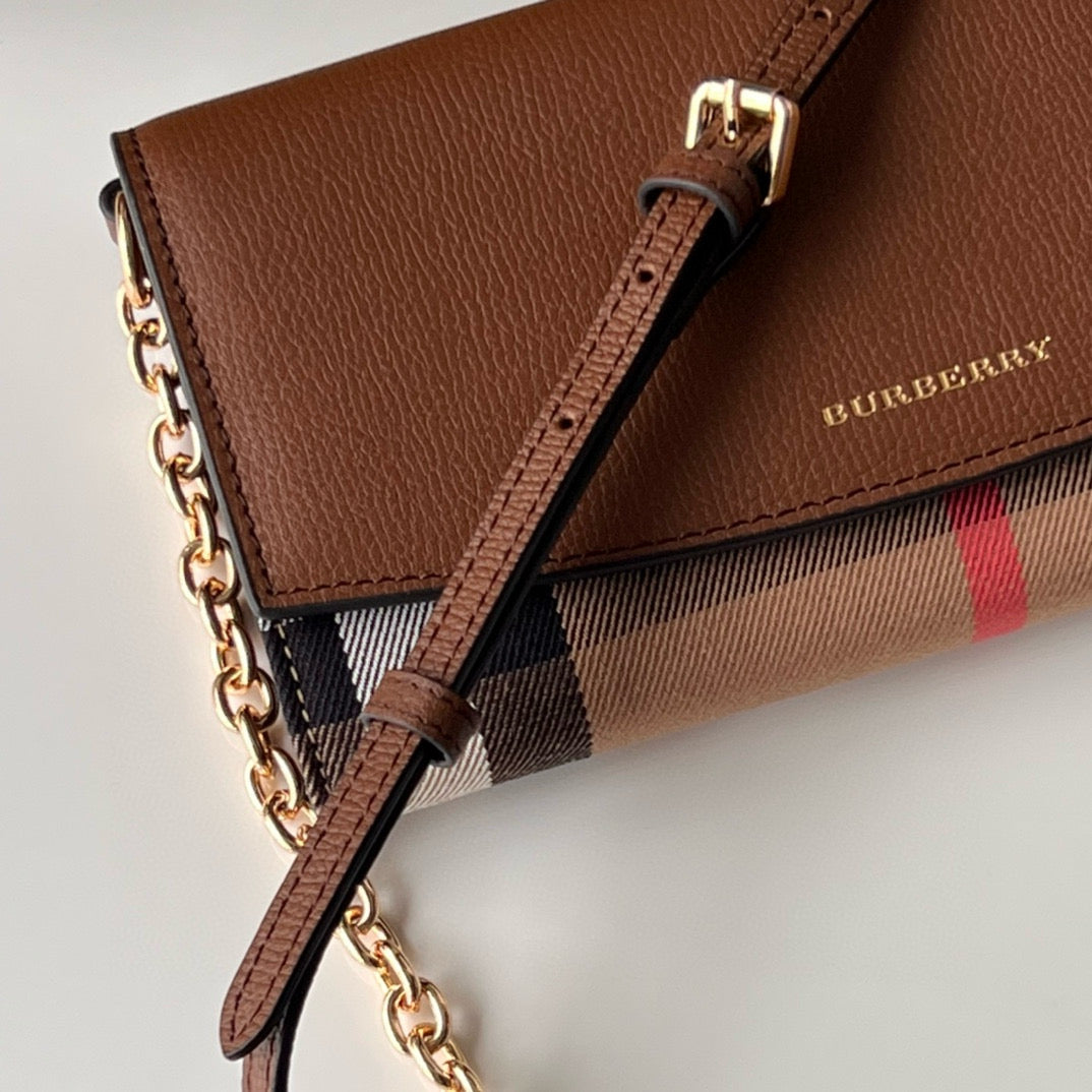 Burberry Henley Check Canvas & Brown Leather Wallet-On-Chain Bag