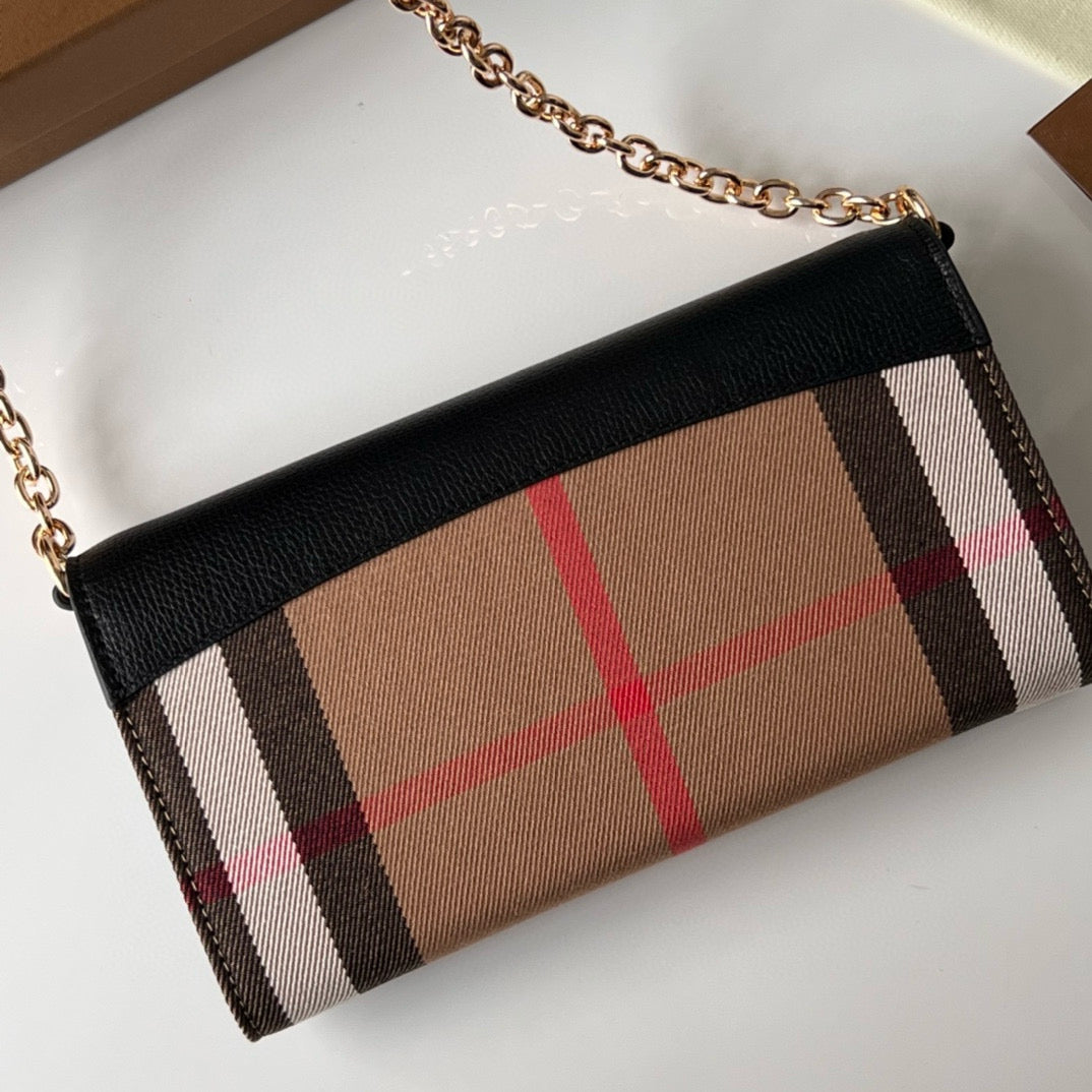 Burberry Henley Check Canvas & Black Leather Wallet-On-Chain Bag