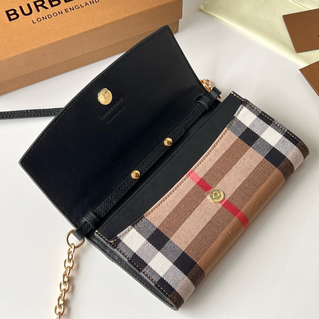 Burberry Henley Check Canvas & Black Leather Wallet-On-Chain Bag