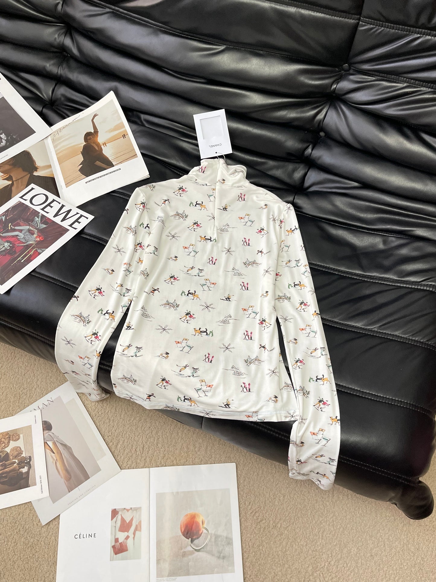 Chanel 25N Ski Print White Mock Neck Top