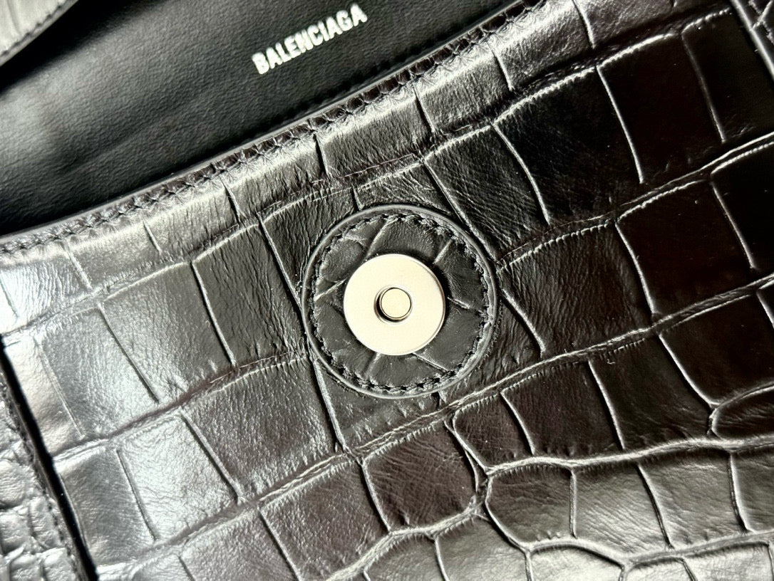 BLCG Hourglass Black Croc Embossed Leather Shoulder Bag(30x17.3x10cm)