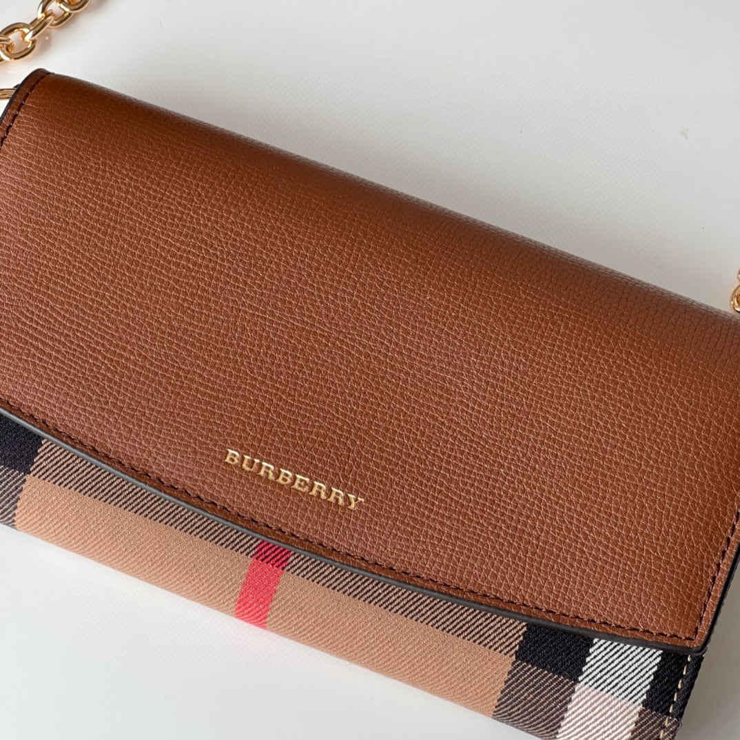 Burberry Henley Check Canvas & Brown Leather Wallet-On-Chain Bag