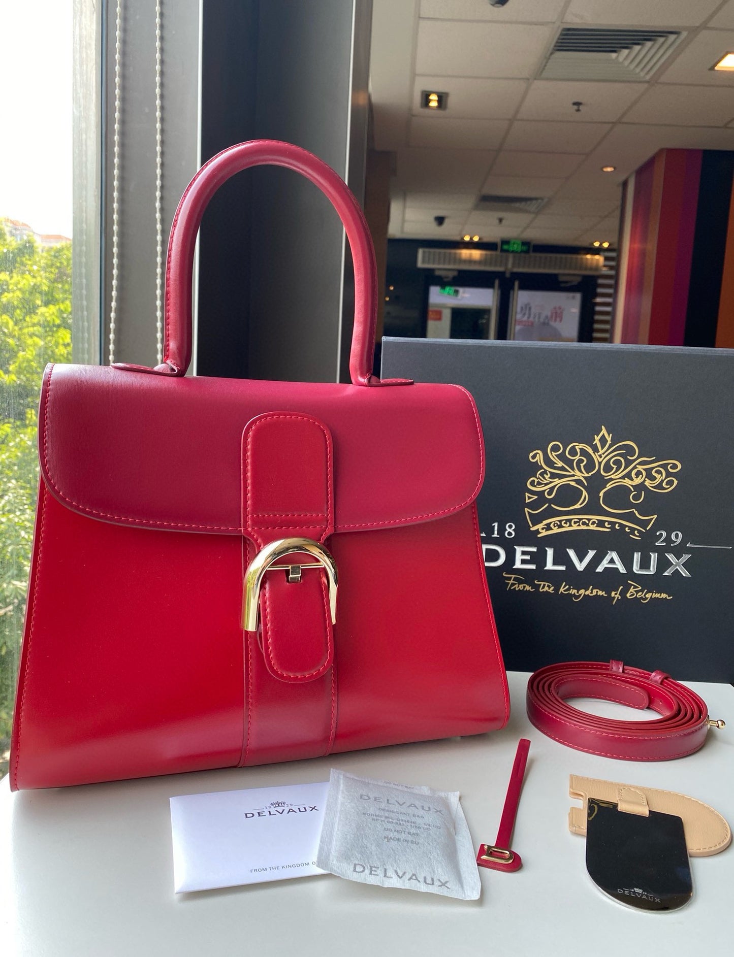 Delvaux Brillant MM Box Calf Rouge Lipstick Handbag