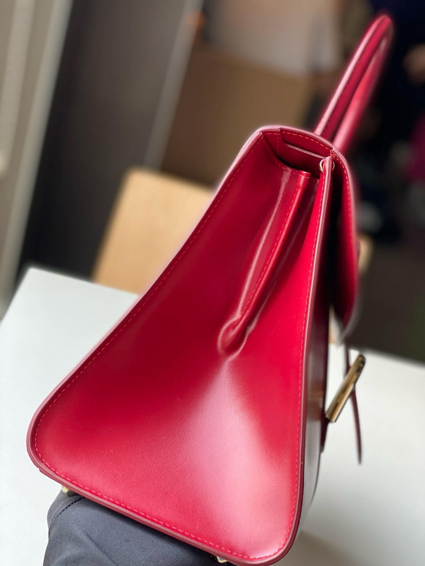 Delvaux Brillant MM Box Calf Rouge Lipstick Handbag