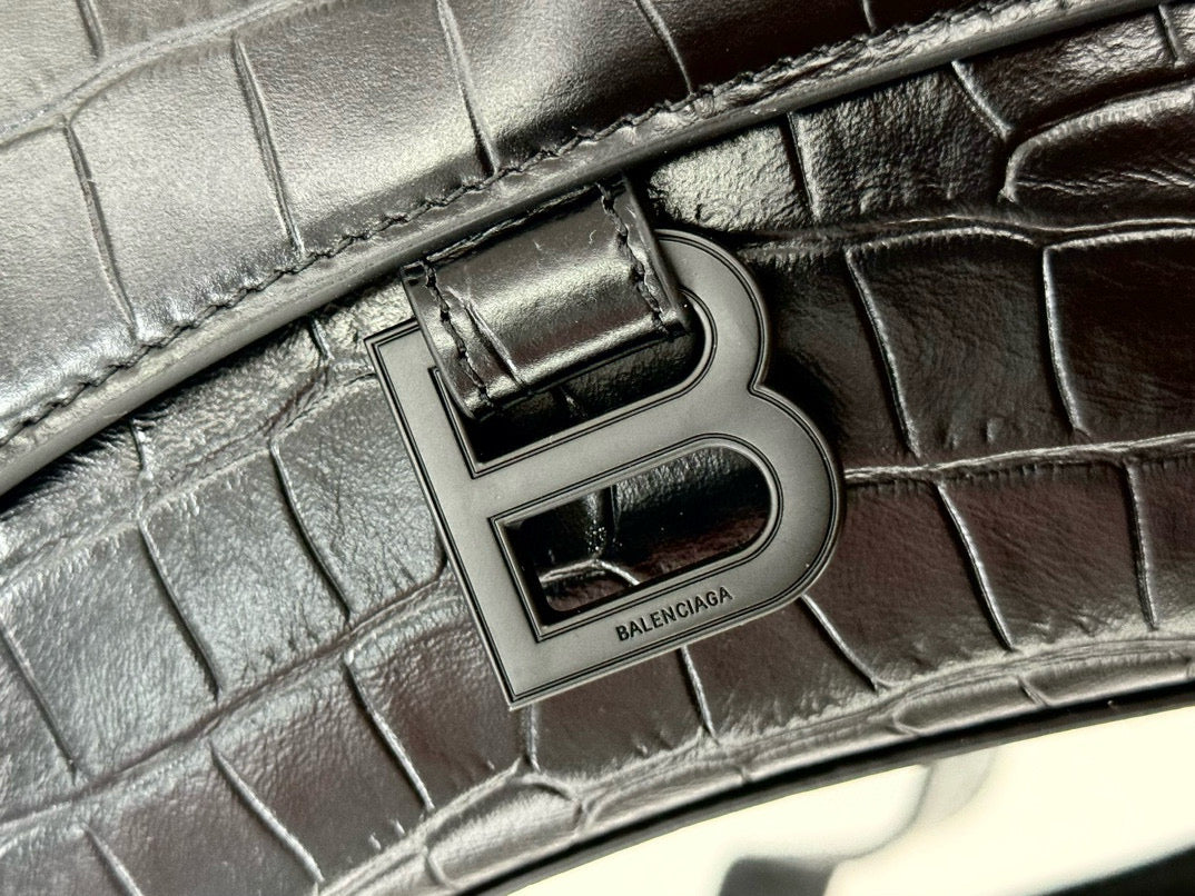 BLCG Hourglass Black Croc Embossed Leather Shoulder Bag(30x17.3x10cm)
