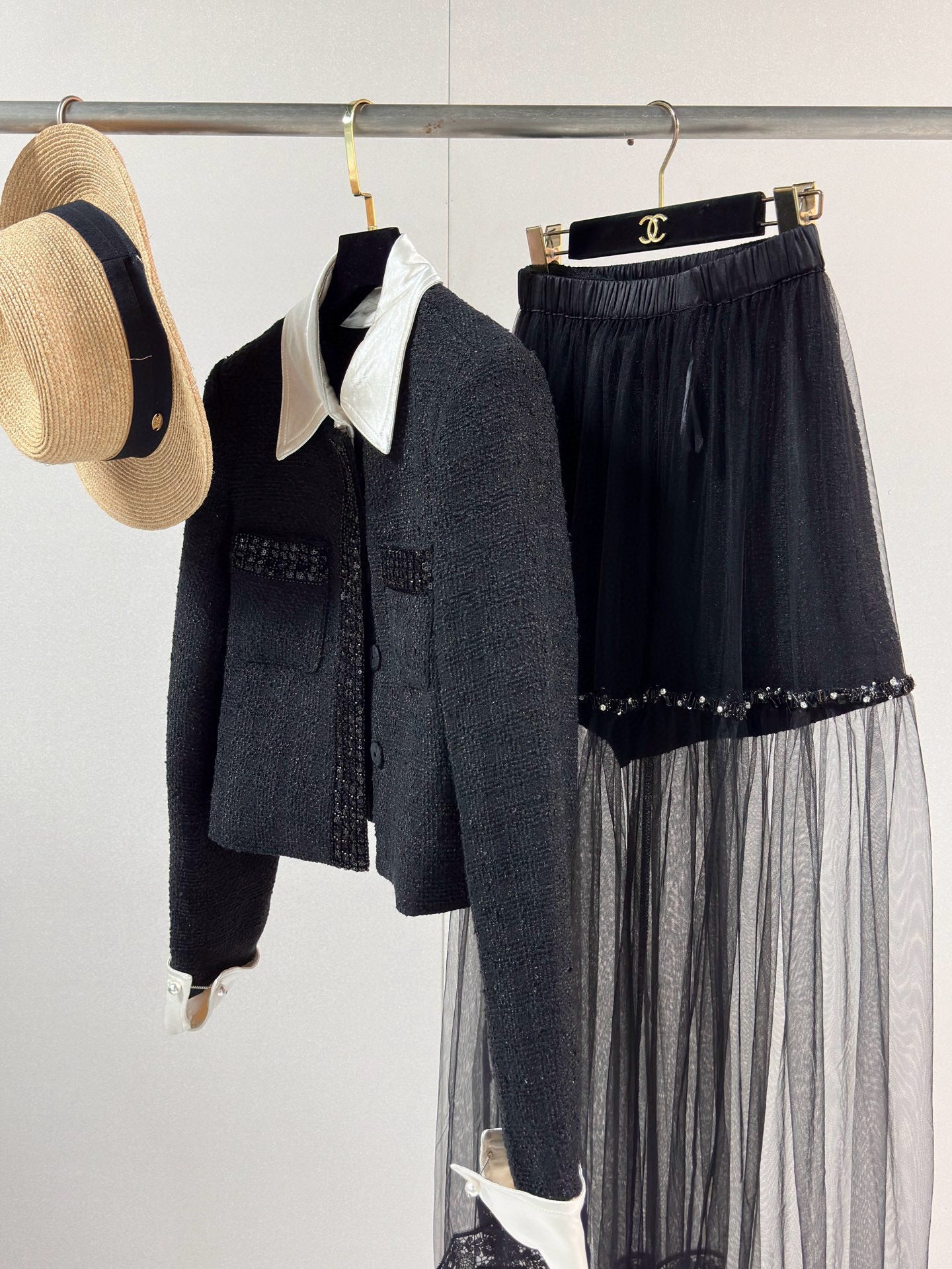 Chanel Jacket with Sheer Layered Skirt Set