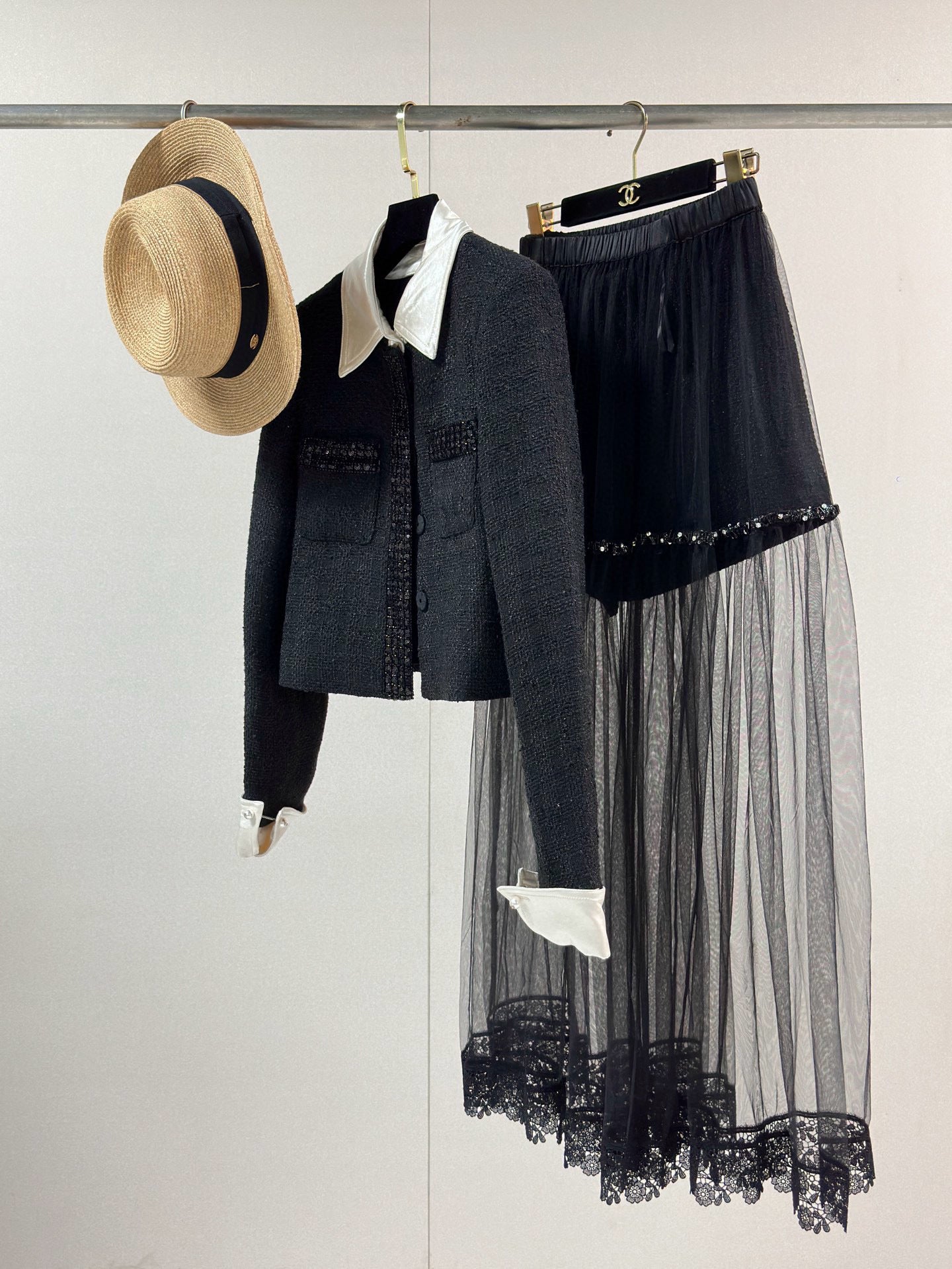 Chanel Jacket with Sheer Layered Skirt Set