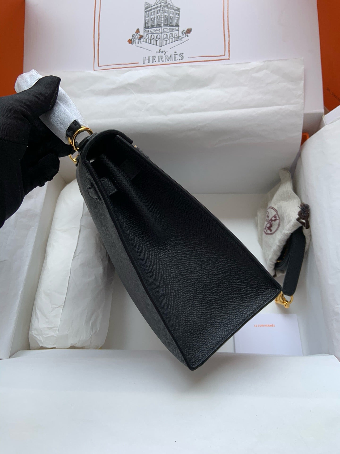 Hermes Kelly, 25 cm, Negro, Epsom