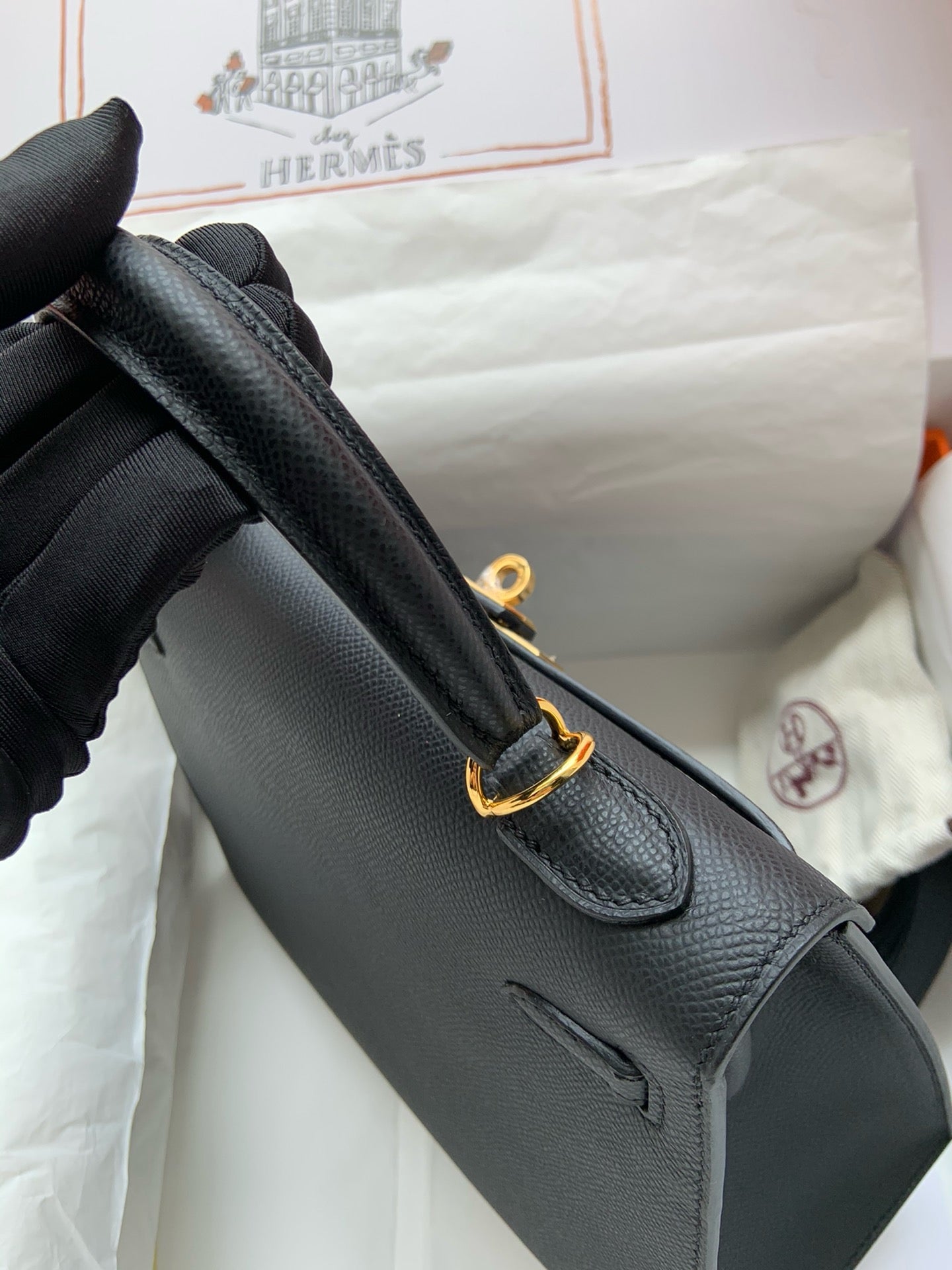 Hermes Kelly, 25 cm, Negro, Epsom