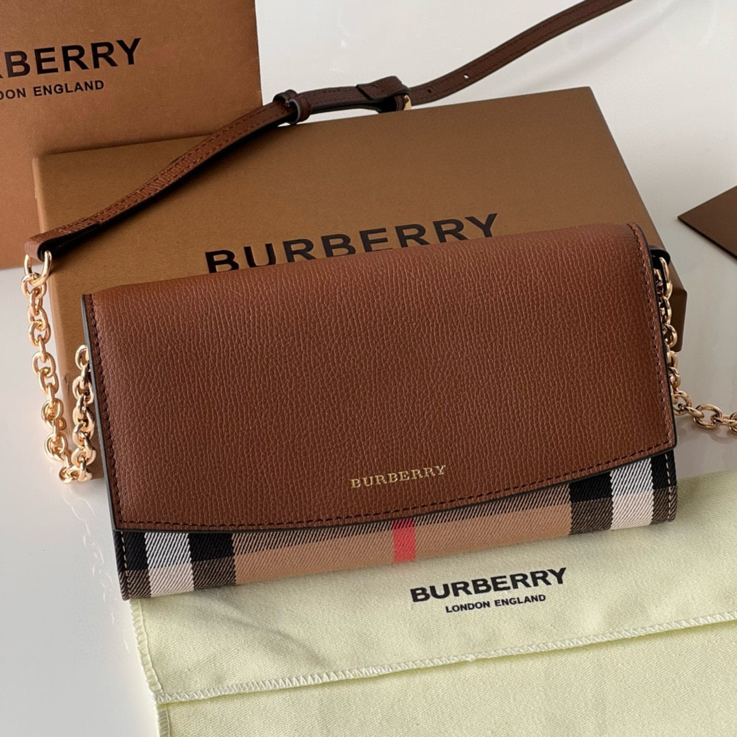 Burberry Henley Check Canvas & Brown Leather Wallet-On-Chain Bag