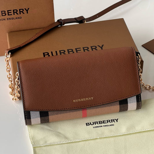 Burberry Henley Check Canvas & Brown Leather Wallet-On-Chain Bag
