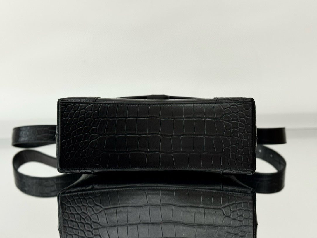 BLCG Hourglass Black Croc Embossed Leather Shoulder Bag(30x17.3x10cm)