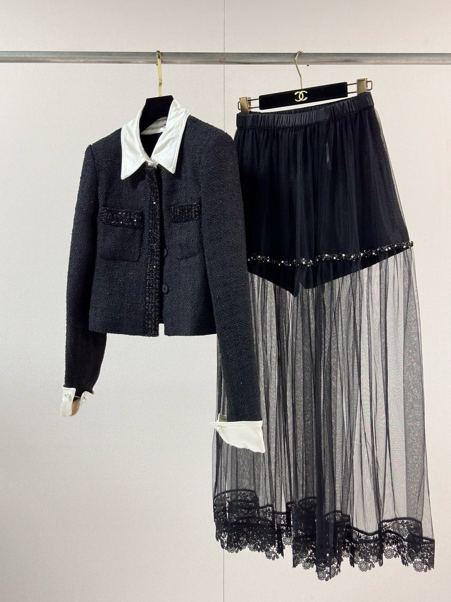 Chanel Jacket with Sheer Layered Skirt Set