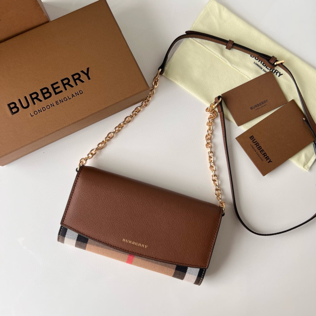 Burberry Henley Check Canvas & Brown Leather Wallet-On-Chain Bag