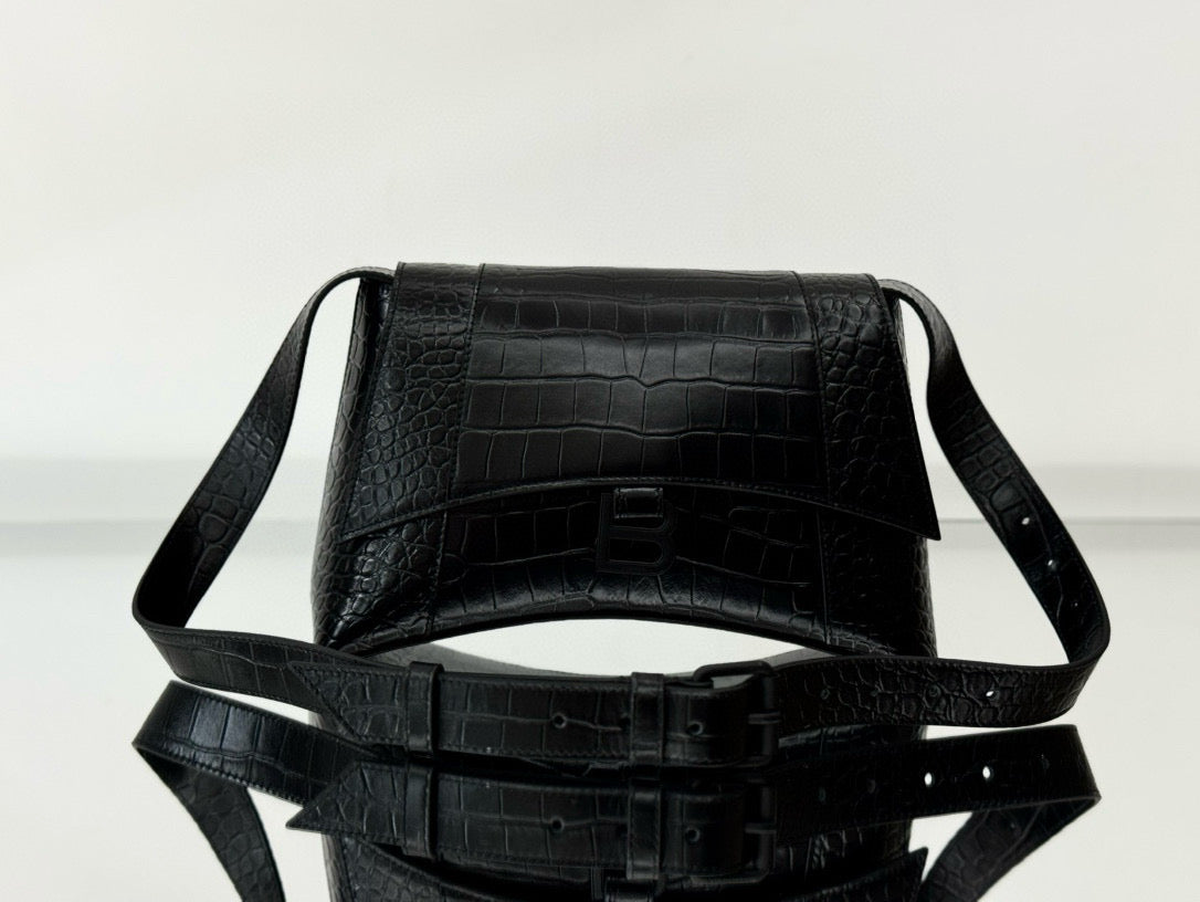BLCG Hourglass Black Croc Embossed Leather Shoulder Bag(30x17.3x10cm)