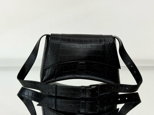 BLCG Hourglass Black Croc Embossed Leather Shoulder Bag(30x17.3x10cm)