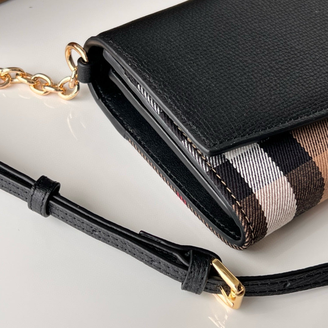 Burberry Henley Check Canvas & Black Leather Wallet-On-Chain Bag