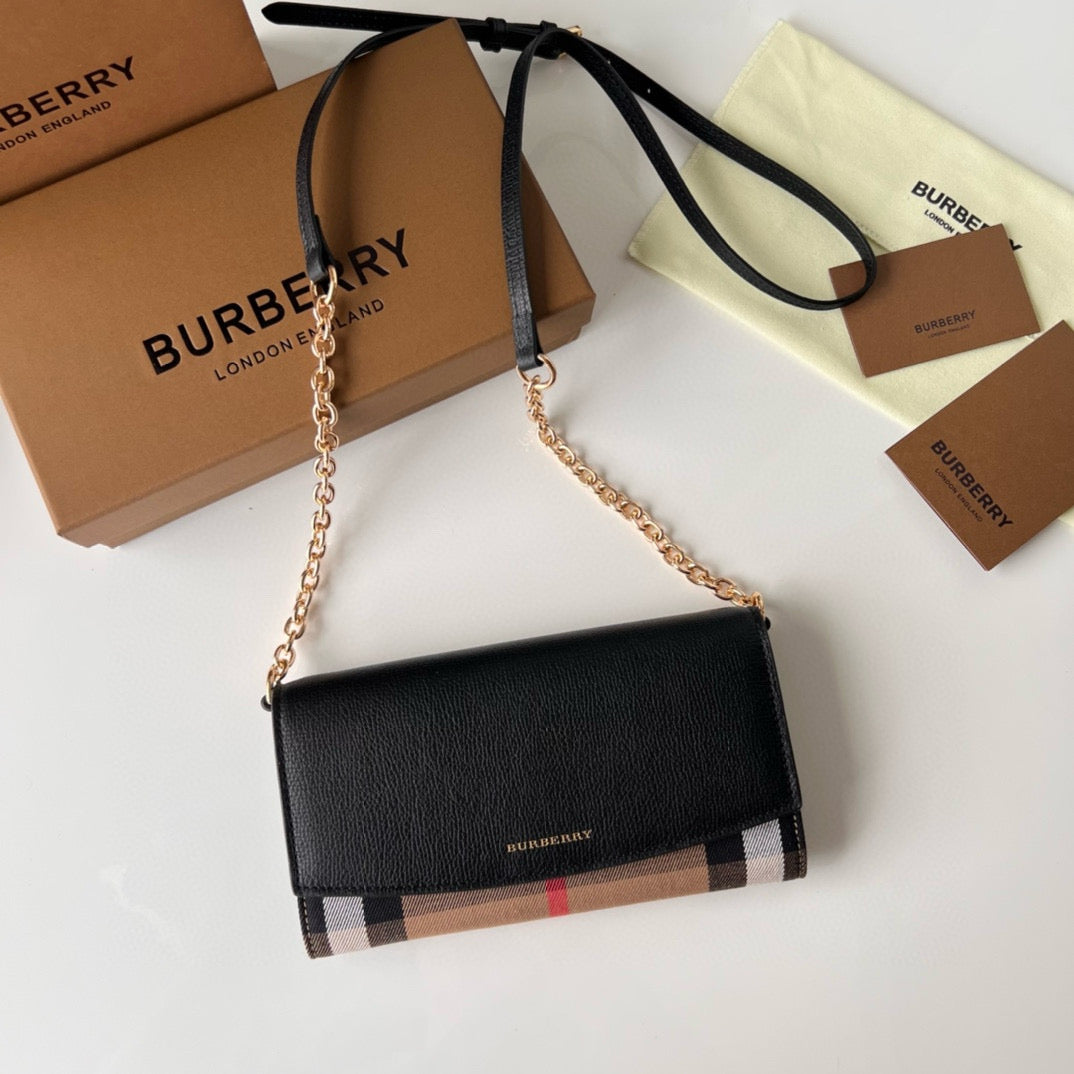 Burberry Henley Check Canvas & Black Leather Wallet-On-Chain Bag
