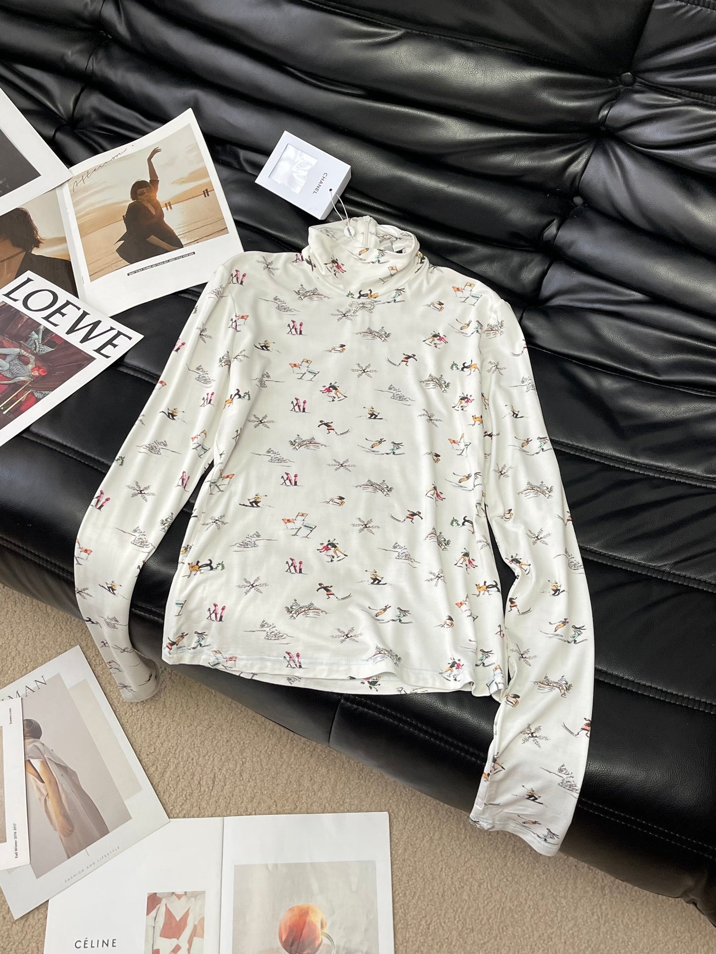 Chanel 25N Ski Print White Mock Neck Top