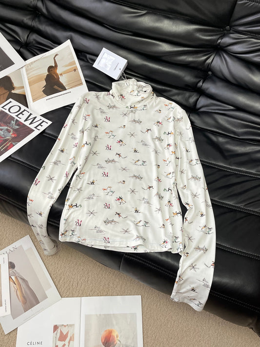 Chanel 25N Ski Print White Mock Neck Top