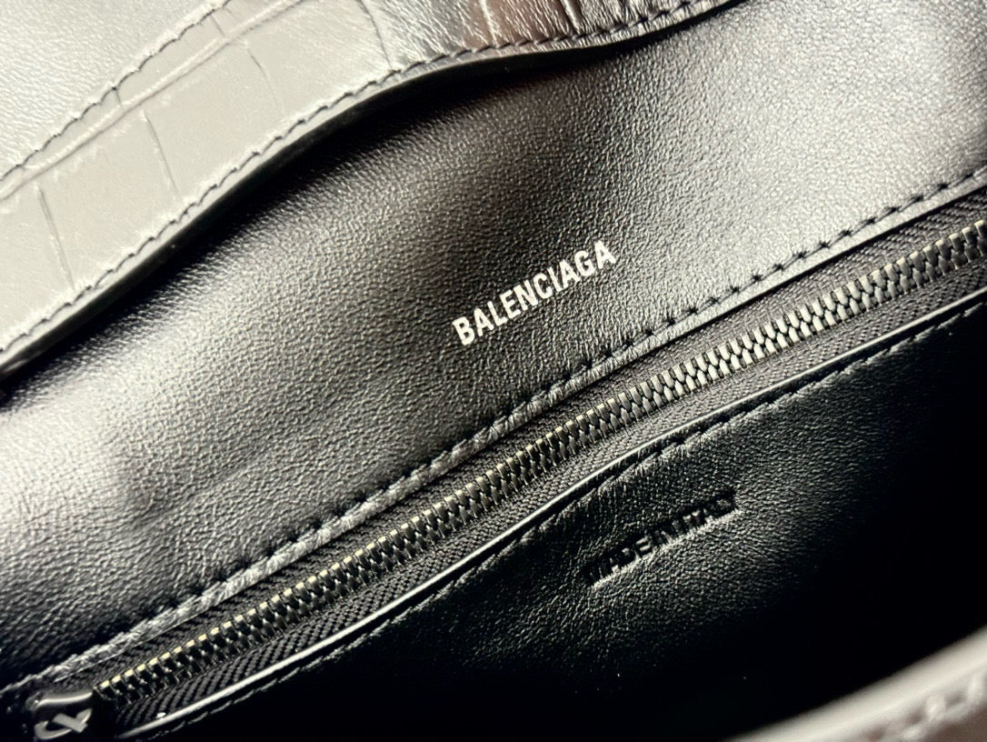BLCG Hourglass Black Croc Embossed Leather Shoulder Bag(30x17.3x10cm)