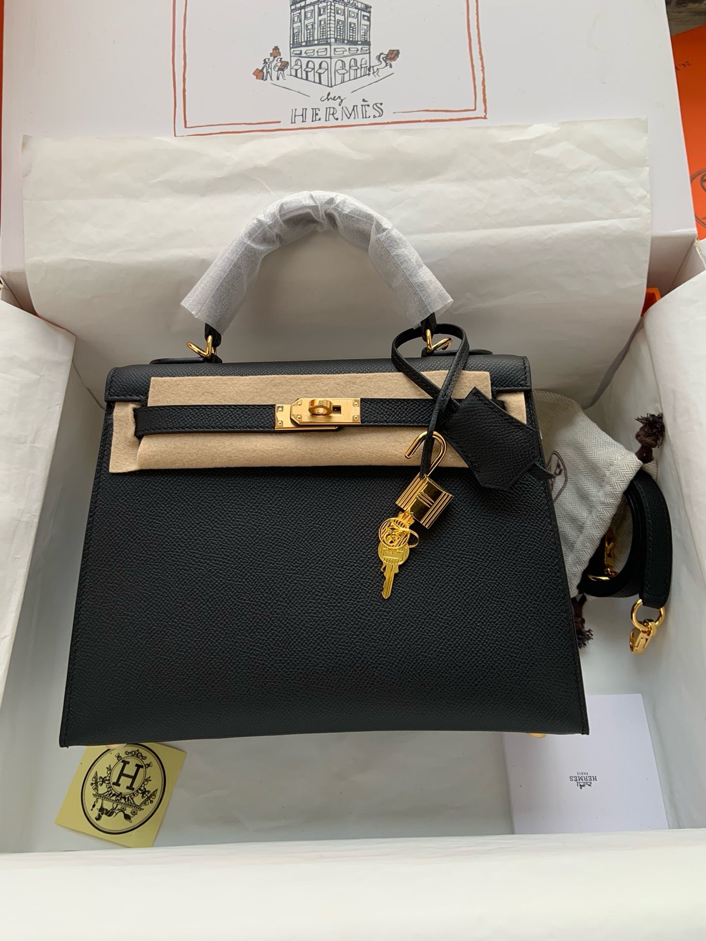 Hermes Kelly, 25cm, Noir, Epsom