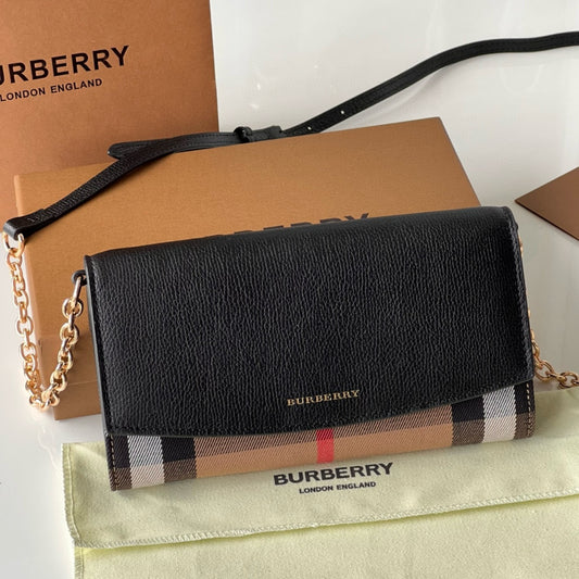 Burberry Henley Check Canvas & Black Leather Wallet-On-Chain Bag